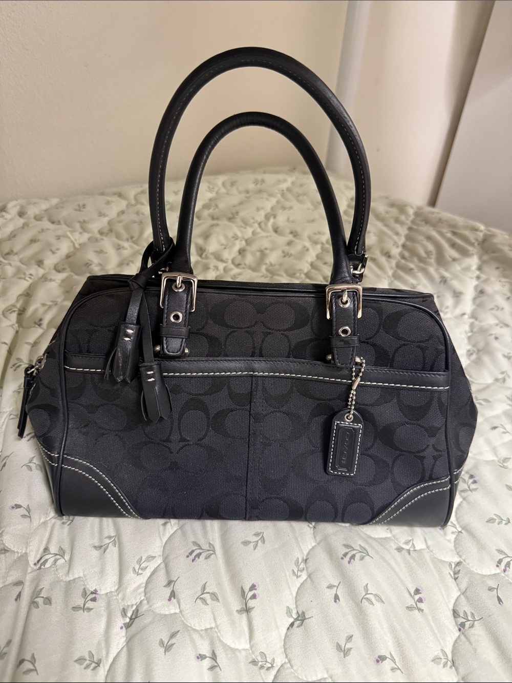 Coach Black Signature Satchel with Leather Trim